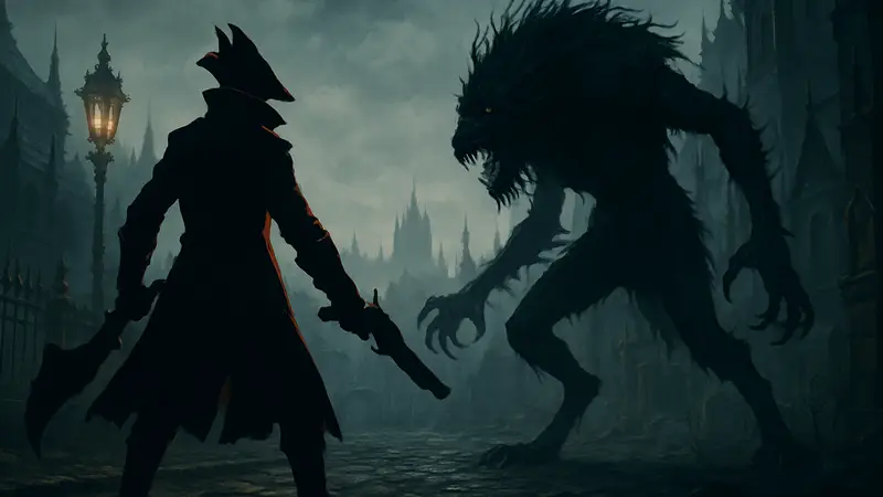 Кадр из ремейка Bloodborne с охотником, сражающимся с чудовищем в мрачном Ярнаме. Видна готическая архитектура города.