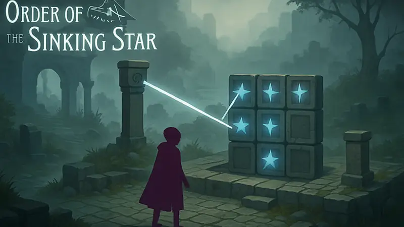 Игровой скриншот Order Of The Sinking Star, демонстрирующий сложную головоломку в туманной локации.