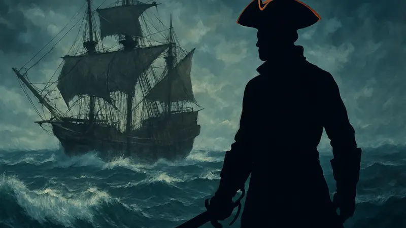 Изображение ключевого персонажа из игры Sea of Remnants на фоне пиратского корабля в штормовом море.