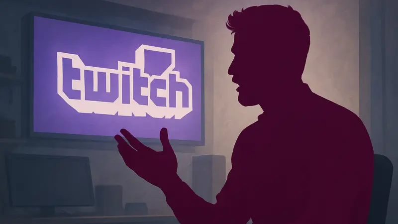 Стример Хасан Пайкер комментирует свой бан на Twitch, на фоне логотип Twitch.