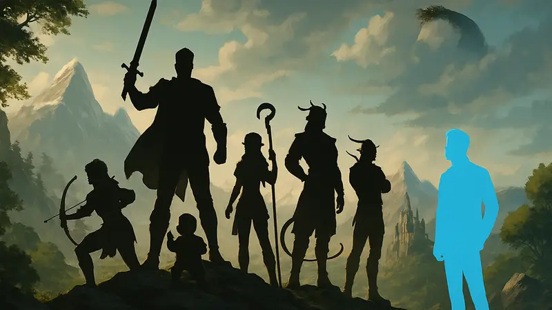Персонажи мультсериала «Легенда о Vox Machina» в героических позах. Сэм Ригель.