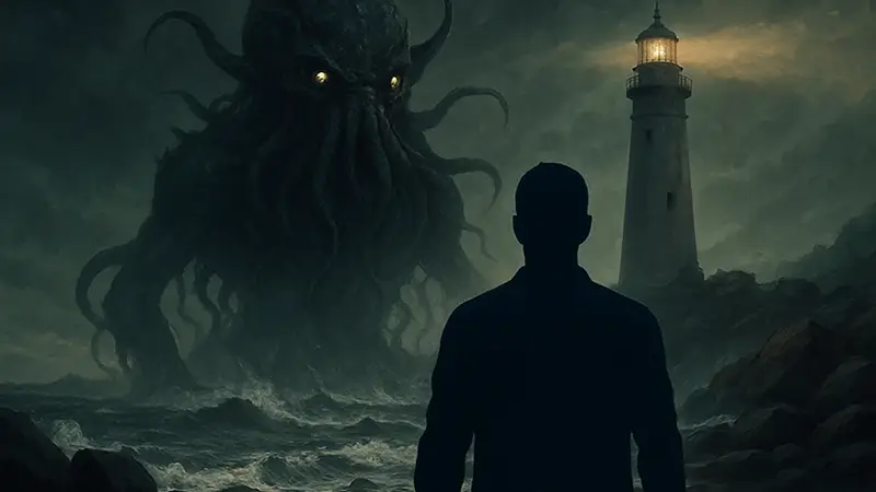 Обложка игры The Shore с жутким чудовищем и маяком на фоне, символизирующая космический хоррор.