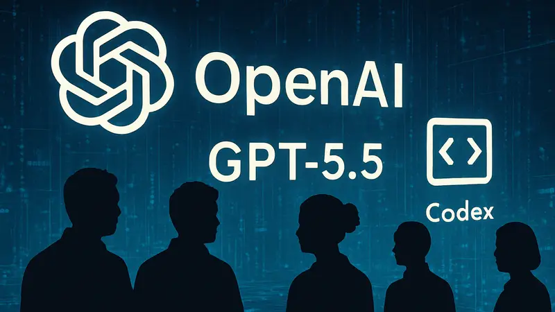 Логотип OpenAI с надписью GPT-5.5 и значок Codex на фоне цифровых данных.