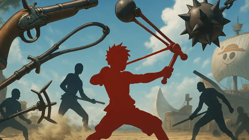 Разнообразное не-мечевое оружие из аниме One Piece, показанное в динамичной сцене.