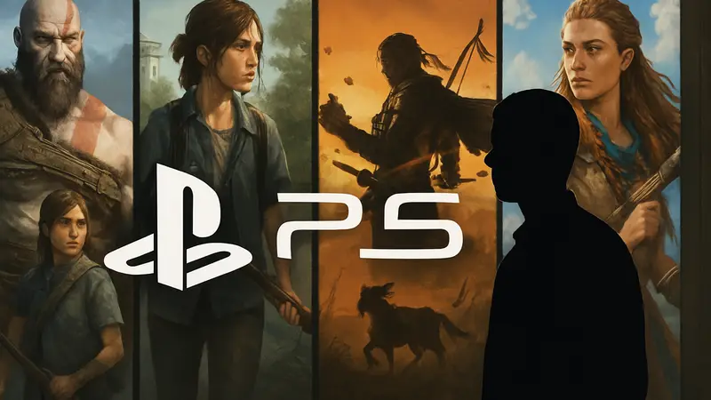 Логотип PlayStation 5 на фоне обложек популярных однопользовательских игр Sony, включая God of War.