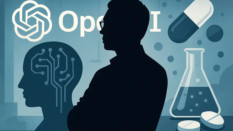 Майлз Ван, исследователь, на фоне логотипа OpenAI и абстрактных элементов, символизирующих разработку лекарств и ИИ.