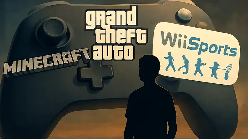 Логотипы игр Minecraft, Grand Theft Auto и Wii Sports на фоне игрового контроллера.