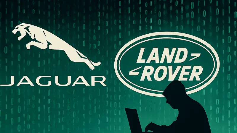 Изображение логотипа Jaguar Land Rover, наложенного на бинарный код, символизирующее кибератаку.