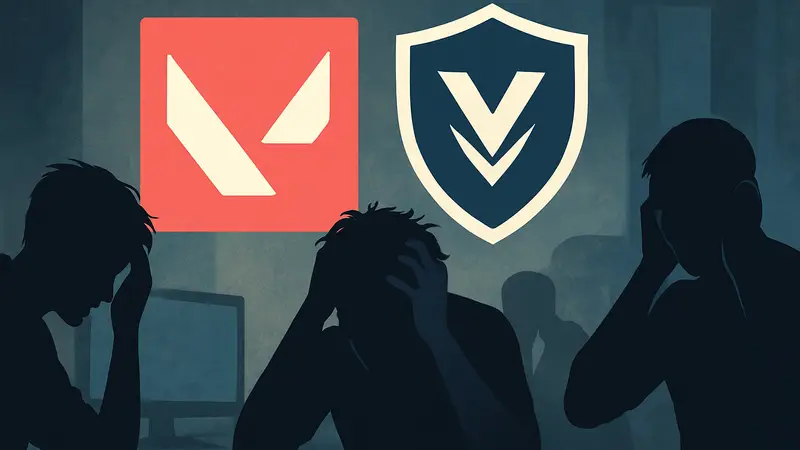 Логотип Valorant и символ античита Vanguard, на фоне обеспокоенных игроков