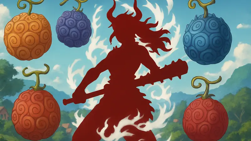 Изображение персонажа Ямато из One Piece с активацией Дьявольского плода, а также различные Дьявольские плоды