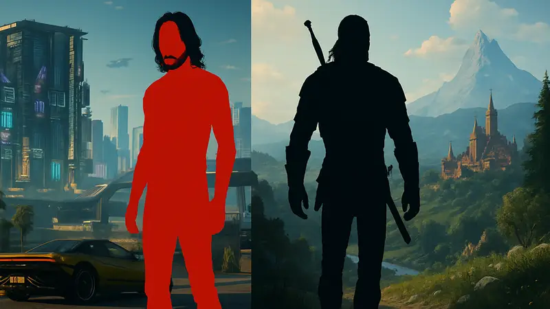 Сравнение миров Cyberpunk 2077 и The Witcher 3: Wild Hunt, город Night City и фэнтезийный пейзаж.