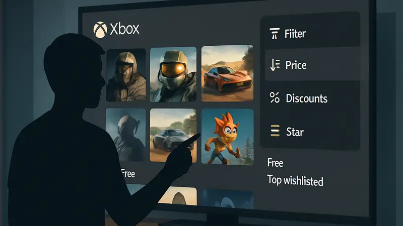 Интерфейс Microsoft Store на Xbox, показывающий новые опции сортировки игр по цене и скидкам.