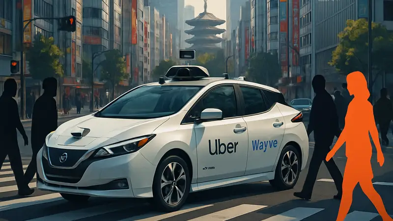 Беспилотное такси Nissan Leaf с логотипами Uber и Wayve, движущееся по улице Токио