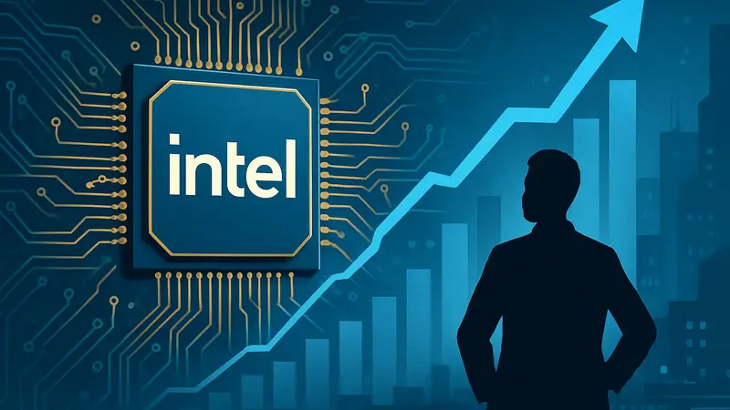 Логотип Intel и схема микросхемы, символизирующие рост рыночной капитализации компании.