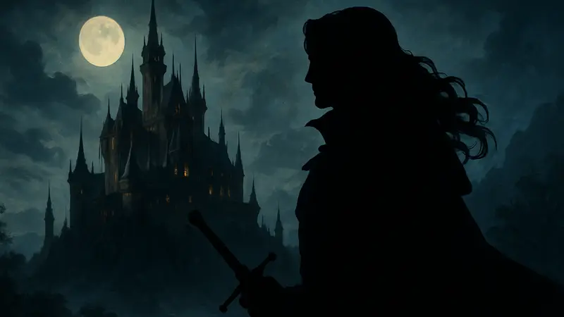 Обложка игры Castlevania: Symphony of the Night с Алукардом на фоне замка.