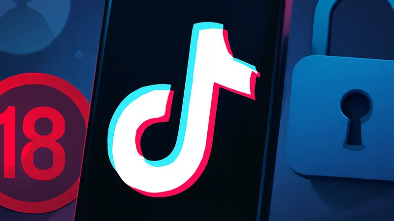 Логотип TikTok на смартфоне, окруженный символами возраста и приватности, демонстрирующий сложности верификации.