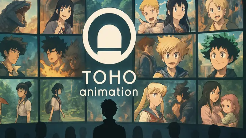 Логотип Toho Animation или кадры из известных аниме, много аниме-персонажей