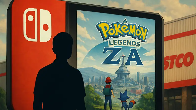 Скриншот Pokémon Legends Z-A на фоне логотипа Nintendo Switch и лого Costco