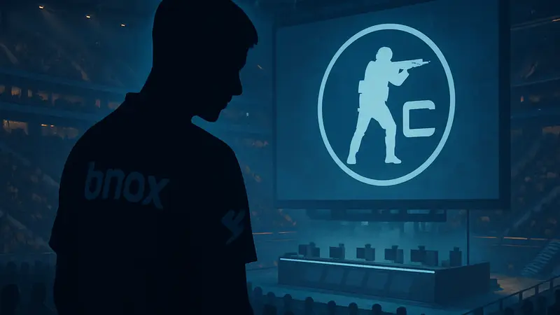 Изображение игрока bnox в форме 9INE, символика Counter-Strike 2, киберспортивная арена.