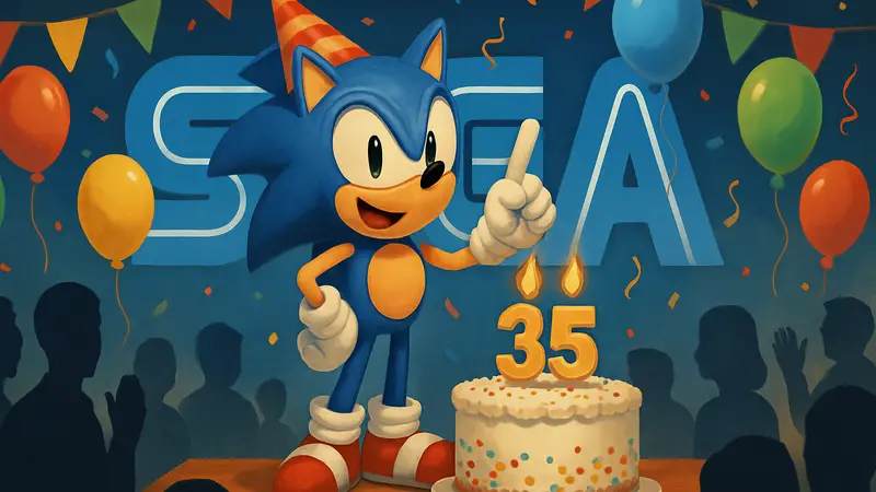 Соник-Ёж празднует свой 35-й день рождения на фоне логотипа Sega с праздничными элементами