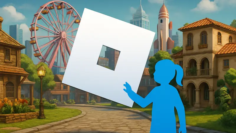 Логотип Roblox на фоне скриншота игры, с акцентом на детскую безопасность