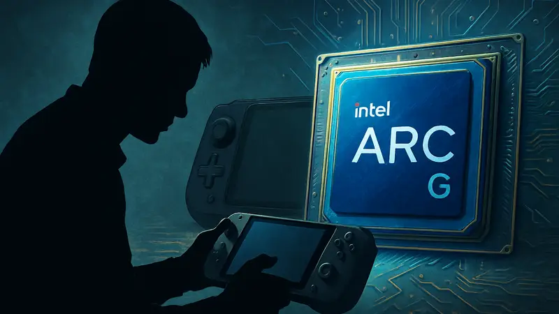 Логотип Intel Arc G-серии на фоне портативного игрового компьютера, мощный чип для гейминга.