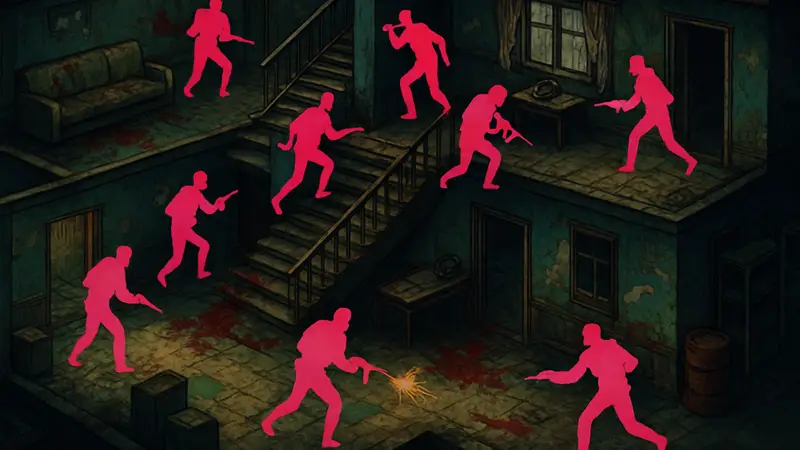 Кадры геймплея бесплатной Steam игры с 8-player кооперативом в стиле Hotline Miami.