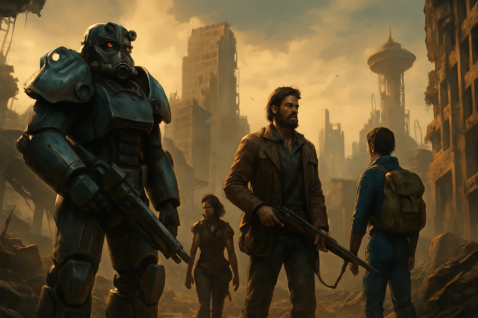 Персонажи сериала Fallout в постапокалиптическом мире, разрушенные здания.