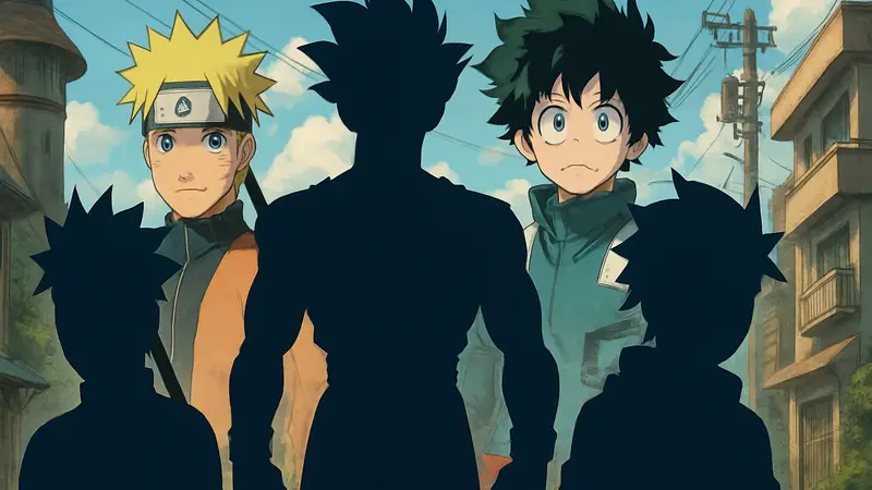 Изображения популярных протагонистов аниме-сёнэнов, таких как Наруто, Гоку, Деку, в стилизованной обложке