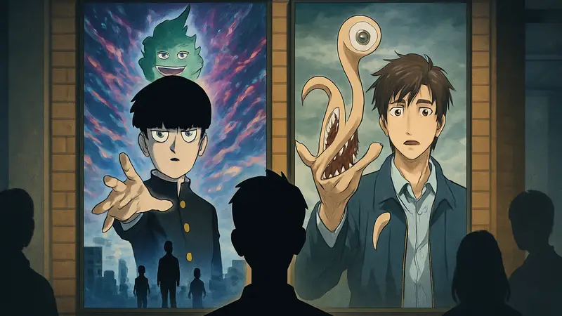 Постеры аниме Mob Psycho 100 и Parasyte The Maxim, подборка для фанатов Jujutsu Kaisen.