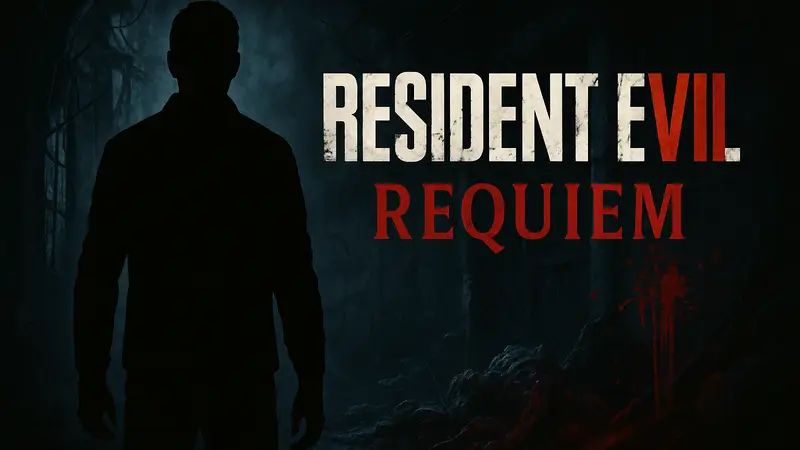 Логотип Resident Evil Requiem на тёмном фоне с намёком на ужас и кровь.