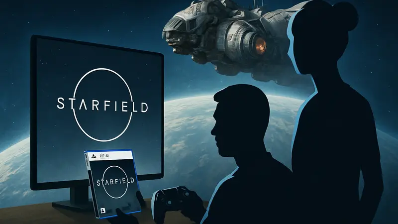 Игроки PlayStation 5 предзаказывают Starfield, изображение космического корабля на фоне планеты.