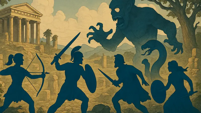 Иллюстрация героев TTRPG Forgotten Odysseys, сражающихся с монстрами в древнегреческом стиле