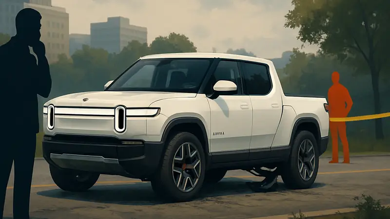 Электромобиль Rivian R1T с повреждённой задней подвеской, подчёркивающий проблему безопасности и расследование