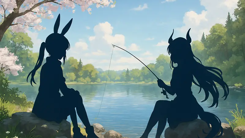 Коллекционные статуи Амии и Скади из игры Arknights от Myethos, изображённые на весеннем отдыхе и рыбалке.