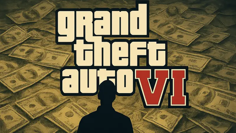 Логотип Grand Theft Auto VI на фоне миллионов долларов, символизирующий рекордные доходы