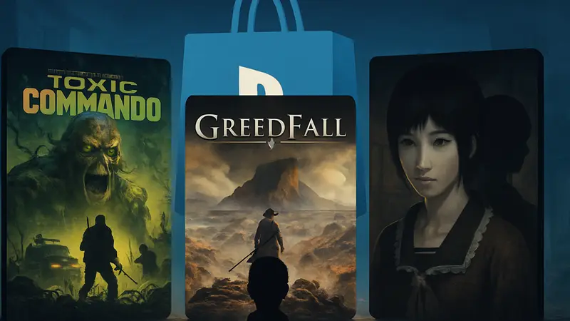Обложки игр John Carpenter's Toxic Commando, GreedFall и Fatal Frame II на фоне логотипа PlayStation Store