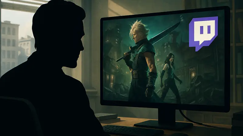 Директор Final Fantasy 7 Revelation смотрит на экран с трансляцией игры на Twitch.