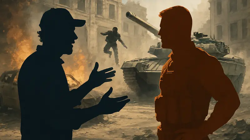 Кадр из фильма "Боевая машина" с Патриком Хьюзом и Аланом Ричсоном, обсуждающими экшен-сцену.