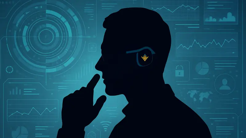 Человек, использующий носимое ИИ-устройство Amazon Bee на фоне футуристического интерфейса