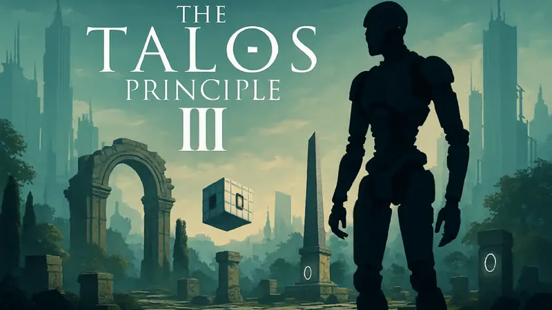 Логотип игры Talos Principle 3 с роботами и головоломками на фоне кибернетического пейзажа, символизирующий завершение серии.