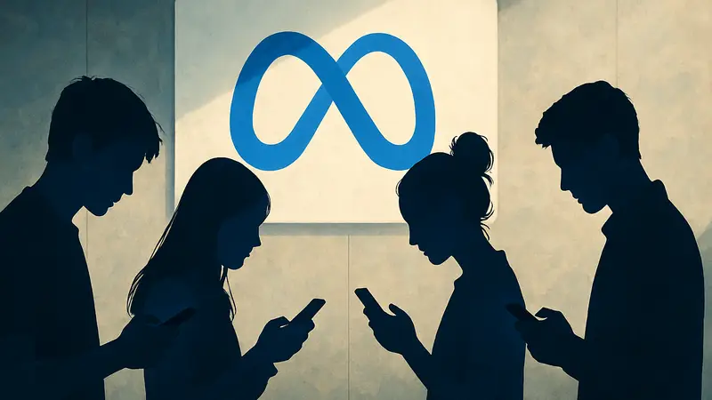 Молодые люди, смотрящие на смартфоны, с логотипом Meta на фоне