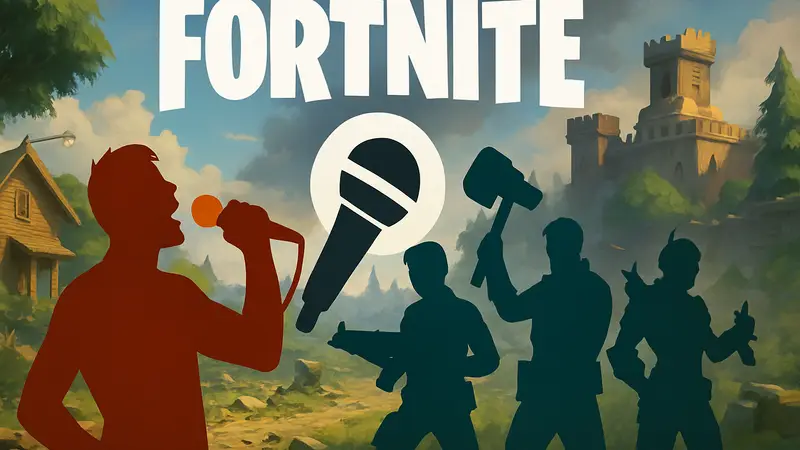 Логотип Fortnite с элементами караоке и персонажами из режима Save the World, на фоне игровых сцен