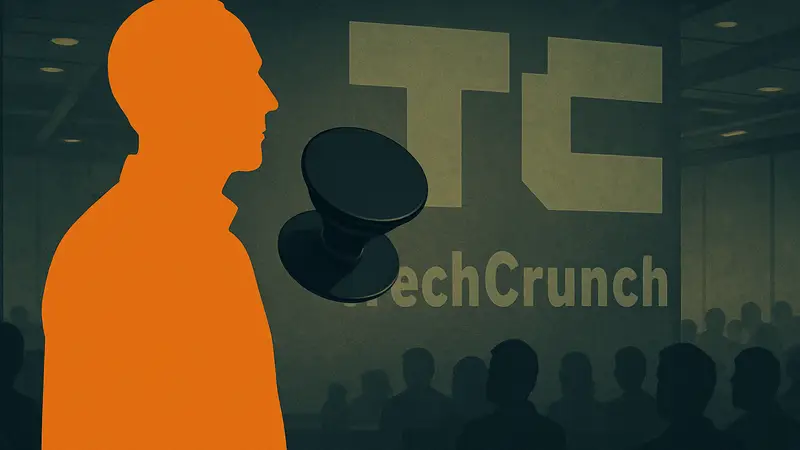 Дэвид Барнетт, основатель PopSockets, на фоне логотипа TechCrunch