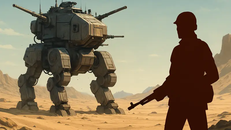 Игровой скриншот из Sand: меха-крепость на пустынной планете, готовящаяся к бою.