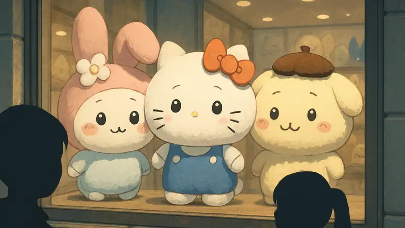 Плюшевые игрушки Chiikawa и Hello Kitty, кроссовер персонажей Sanrio из аниме и манги.