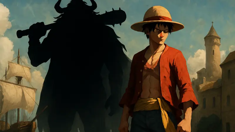 Монки Д. Луффи в режиме Йонко на фоне силуэта нового, более сильного пирата из One Piece