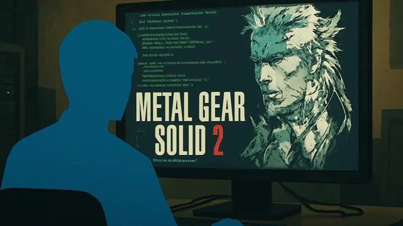 Фрагмент исходного кода Metal Gear Solid 2 HD на экране с логотипом игры, символизирующий утечку.