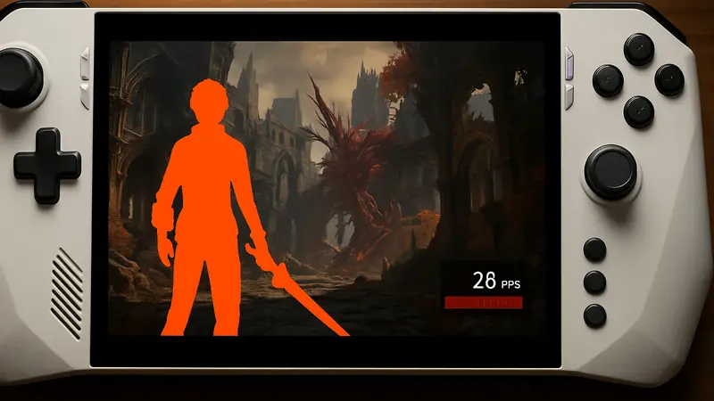 Скриншот игры Code Vein 2 на экране портативного компьютера Asus ROG Ally, демонстрирующий низкую производительность.