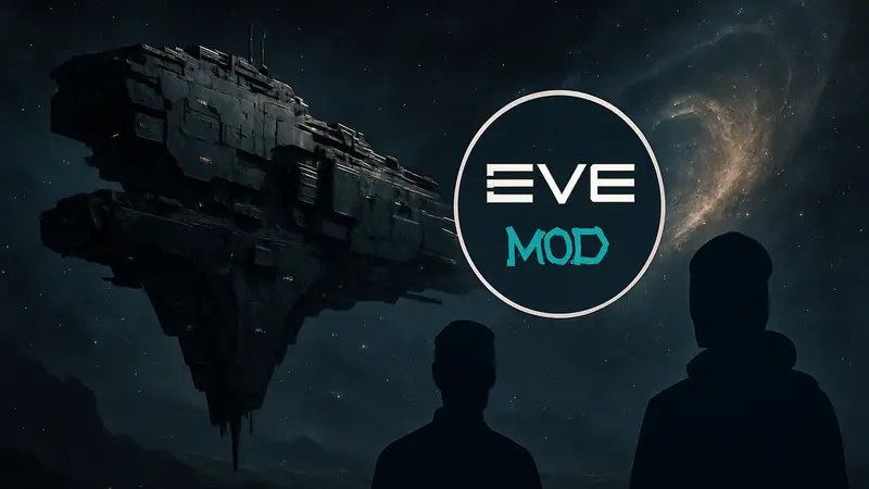 Космический корабль в EVE Frontier на фоне темной галактики, символизирующий лор и моды.